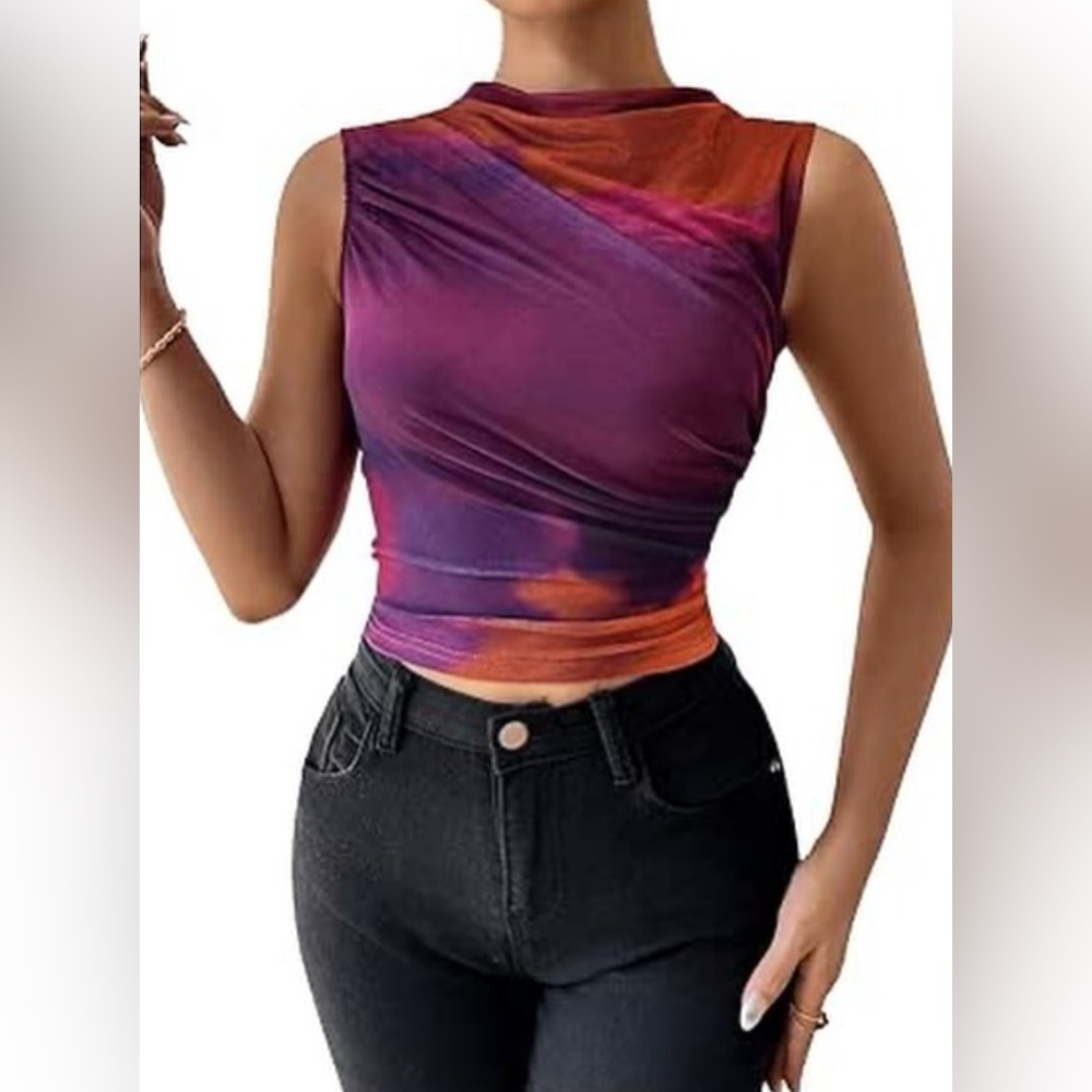 Vibrant Tie-Dye Sleeveless Mesh Purple Orange Crop Top, Y2K, Mesh, Club